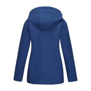 Rear view of a navy blue hooded windbreaker jacket with a windproof and waterproof finish