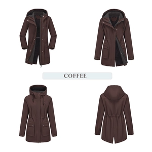 Detail view of coffee-colored hooded raincoat with fleece lining and drawstring waist