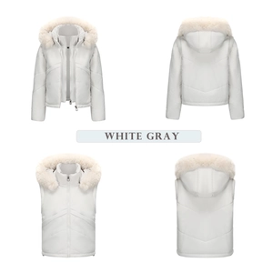 Detail view of white-gray padded jacket and vest with faux fur hood and chevron quilting