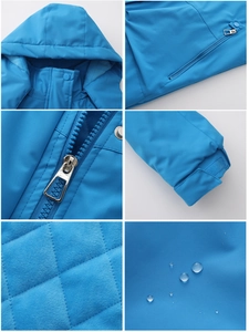 Detail grid showing waterproof fabric, quilted lining, and zippers of the blue hiking jacket