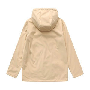 Rear view of light khaki hooded windbreaker featuring water-resistant fabric and drawstring