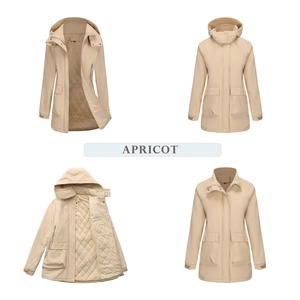 Detail view of apricot parka showing hooded design, quilted lining, and large flap pockets