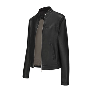 Detail of a slim-fit black faux leather jacket with stand collar and zipper pocket