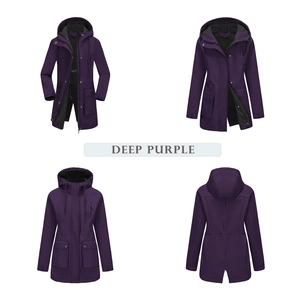 Detail view of deep purple hooded rain parka with waterproof fabric and fleece lining