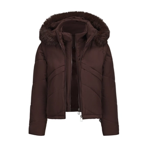 Detail of dark brown winter coat featuring a detachable plush faux fur hood and zipper