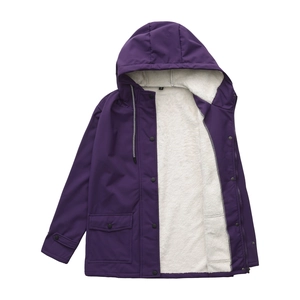 Detail view of purple hooded jacket with white fleece lining and buttoned flap pockets
