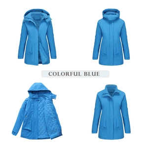 Detail view of women's blue outdoor parka showing zipper closure and quilted lining detail