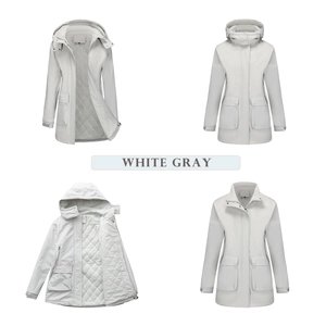 Detail view of white gray quilted lining and hooded jacket with functional flap pockets