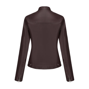 Rear view of slim fit chocolate faux leather jacket with stand collar and cuff zippers
