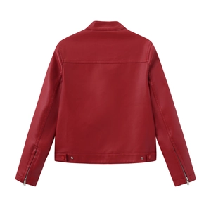 Rear view of a burgundy PU leather jacket featuring a stand collar and metallic zippers