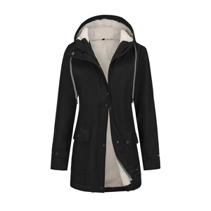 Detail of water-resistant black hooded parka with thick white fleece lining and zipper
