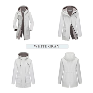 Women waterproof hooded jacket in white and gray featuring adjustable drawstring waist detail