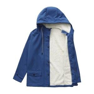 Detail of blue hooded jacket showing thick white fleece lining and waterproof shell fabric