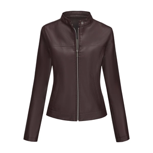 Detail of a dark red faux leather biker jacket with stand collar and metal zippers