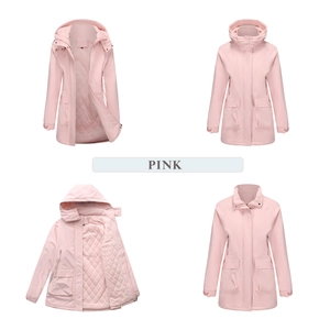 Detailed views of pink women's waterproof jacket with quilted lining and detachable hood