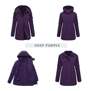 Detail views of deep purple windproof jacket with quilted lining and adjustable hood