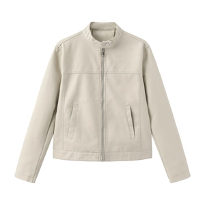 Women's faux leather biker jacket with stand collar and silver zipper in cream white