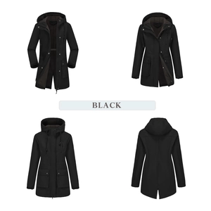 Women's black hooded waterproof rain jacket with multi-pocket utility design and drawstrings