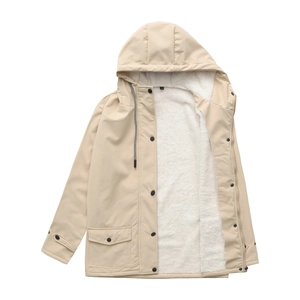 Detail of light beige hooded windbreaker with warm white sherpa fleece lining and snap buttons