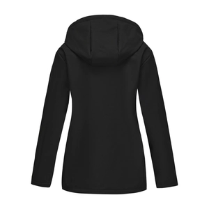 Rear view of black women's hooded jacket featuring windproof fabric and slim fit design