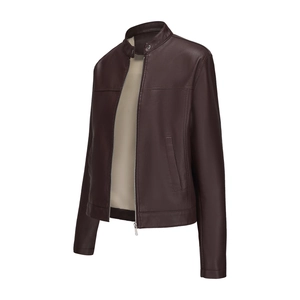 Detailed macro view of dark brown leather jacket with stand collar and metallic snaps