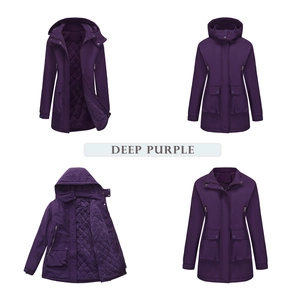Detail view of deep purple hooded jacket with quilted lining and four large flap pockets