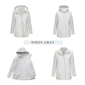 Detail of windproof white gray parka with removable hood and quilted warm lining