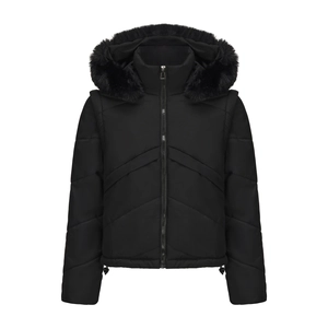 Detailed view of black padded coat with luxury faux fur collar and adjustable drawcord