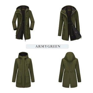 Army green waterproof raincoat with drawstring hood, waist tie and large pockets