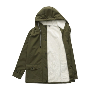 Detail view of water-resistant olive jacket with soft white faux fur lining and hood