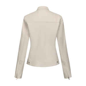 Detail view of the back of a beige faux leather jacket with zip cuffs and tailored seams
