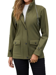 Detail of army green hooded outdoor jacket with drawstring hood and practical utility pockets