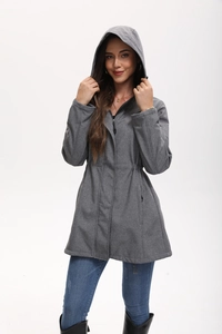 Detail view of gray hooded jacket featuring drawstring waist and slim fit design