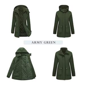 Detail view of army green winter parka with diamond quilted lining and four utility pockets