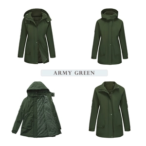 Detailed view of women's Army Green waterproof parka with quilting and hood detail
