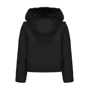 Detailed back view of women's short quilted jacket with thick black faux fur trimmed hood