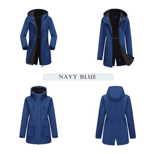 Detail view of navy blue hooded raincoat featuring waterproof fabric and pockets