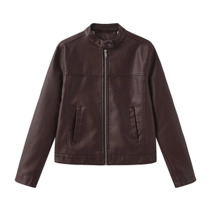 Women's dark brown faux leather motorcycle jacket with stand collar and silver zippers