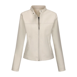 Close-up of cream white faux leather biker jacket with stand collar and metal zipper detail