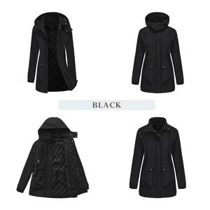 Detail view of women's black winter jacket with diamond quilted lining and hooded design