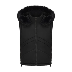 Detail of black hooded winter vest with fluffy faux fur trim and drawstring hem