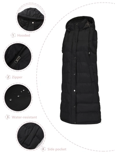 Women's long black hooded puffer vest with water-resistant fabric and side pockets
