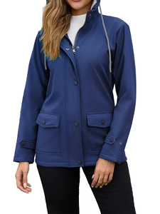 Detail showing the adjustable hood and warm white fleece lining of a navy windbreaker