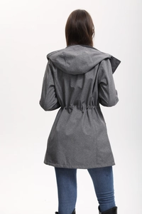 Rear view of hooded grey parka jacket featuring adjustable drawstring waist and mid-length cut