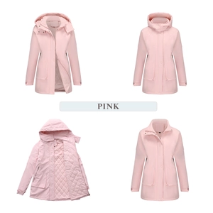 Detailed views of pink windproof parka showing quilted lining and detachable hood features