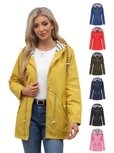 Women's Lightweight Hooded Raincoat Waterproof Windbreaker Mid-length Trench Coat With Striped Lining Drawstring Waist Plus Size Outdoor Rain Jacket