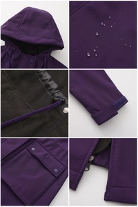 Detail view of purple waterproof jacket features fleece lining and velcro cuffs