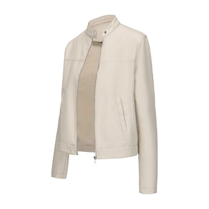 Detail view of cream stand collar faux leather jacket with metal zipper and snap button