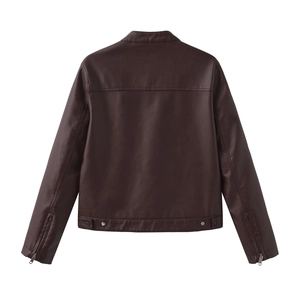 Rear view of a dark brown faux leather jacket with stand collar and adjustable hem buttons