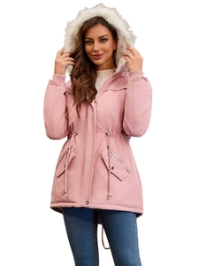 Damen Winter Kapuzenparka Mit Kunstfellkragen Mittellang Fleece Gefüttert Warm Kordelzug Taille Baumwollmischung Jacke